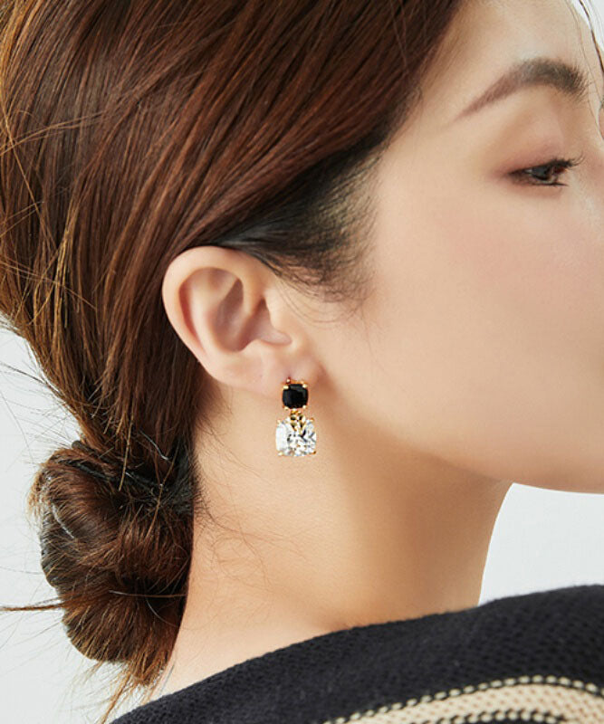 Elegant Black Sterling Silver Asymmetric Zircon Crystal Drop Earrings