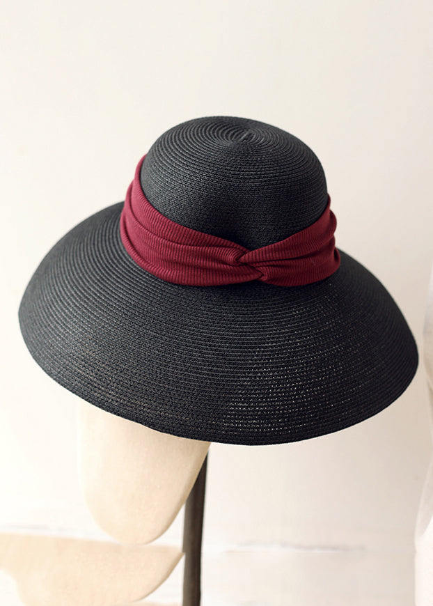 Elegant Black Straw Woven Beach Holiday Floppy Sun Hat