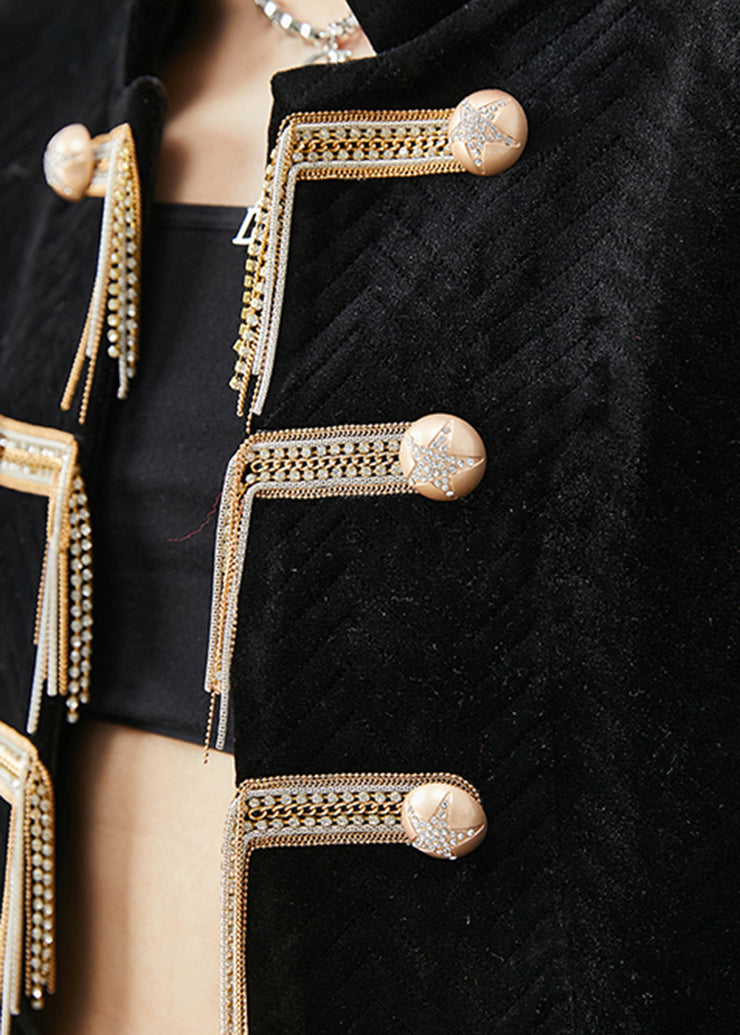 Elegant Black Tasseled Metal Buttons Silk Velour Jacket Fall