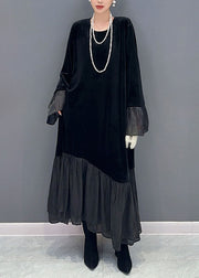 Elegant Black Tulle Patchwork Silk Velour Maxi Dress Fall