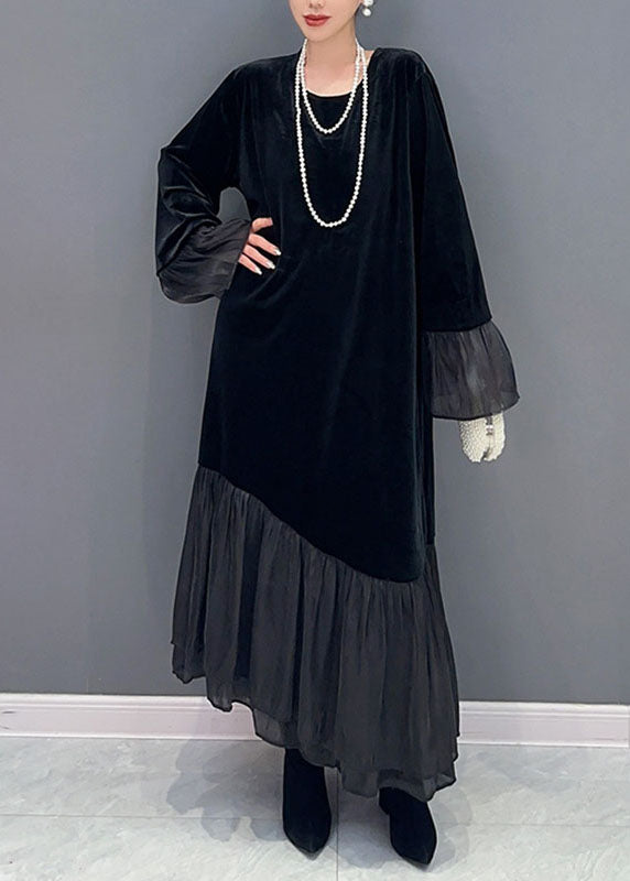 Elegant Black Tulle Patchwork Silk Velour Maxi Dress Fall
