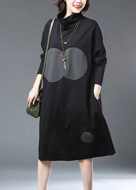 Elegant Black Turtleneck Dot Print Patchwork Cotton Dresses Fall