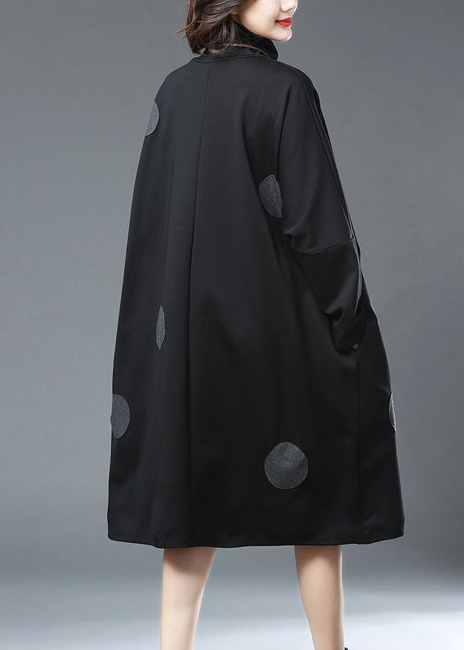 Elegant Black Turtleneck Dot Print Patchwork Cotton Dresses Fall