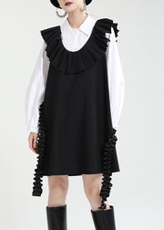 Elegantes schwarzes Patchwork-Rüschen-Herbstkleid mit U-Ausschnitt, ärmellos