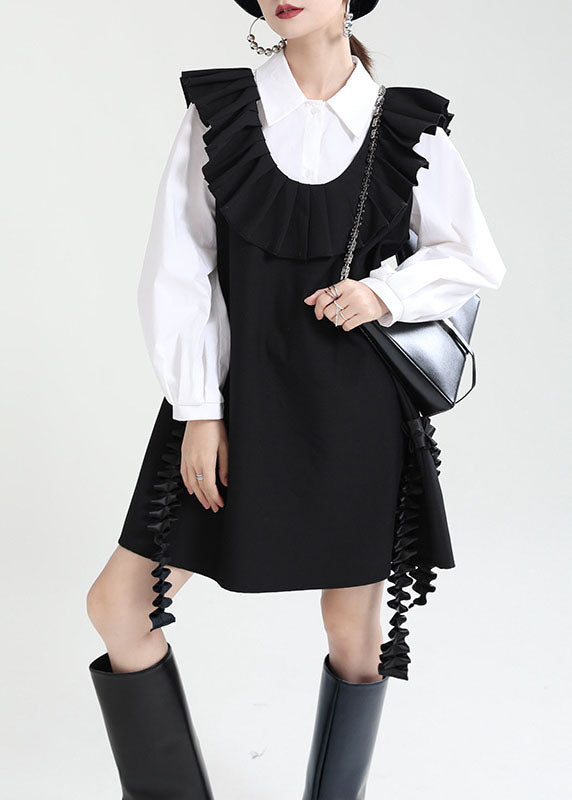 Elegantes schwarzes Patchwork-Rüschen-Herbstkleid mit U-Ausschnitt, ärmellos