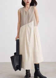 Elegant Black V Neck Asymmetrical Patchwork Cotton Dress Sleeveless