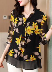 Elegant Black V Neck Bow Print layered Silk Shirt Half Sleeve