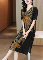Elegant Black V Neck Leaf Print Side Open Silk Long Dress Summer