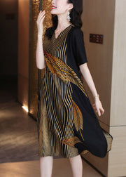 Elegant Black V Neck Leaf Print Side Open Silk Long Dress Summer