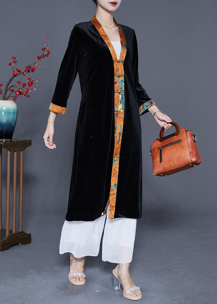 Elegant Black V Neck Patchwork Chinese Button Silk Velour Trench Coats Spring