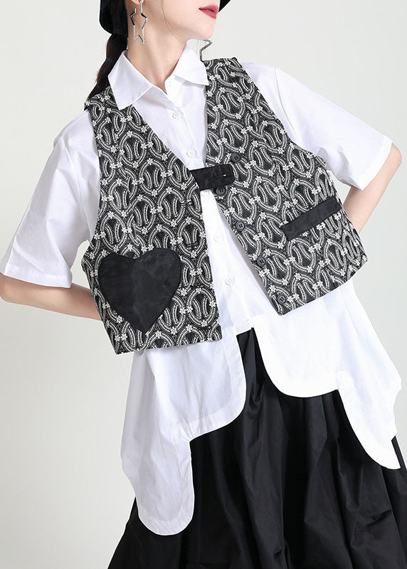Elegant Black V Neck Patchwork Love Applique Print Cotton Vests Sleeveless