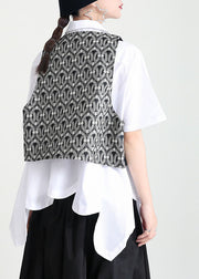 Elegant Black V Neck Patchwork Love Applique Print Cotton Vests Sleeveless
