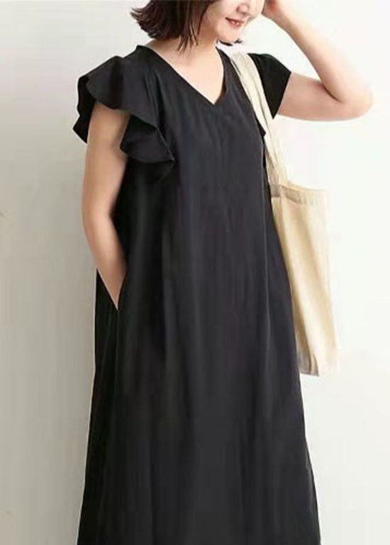 Elegant Black V Neck Patchwork Ruffled Cotton Maxi Dresses Summer