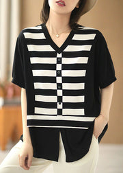 Elegant Black V Neck Patchwork Striped Silk Fake Two Piece Shirt Top Short Sleeve
