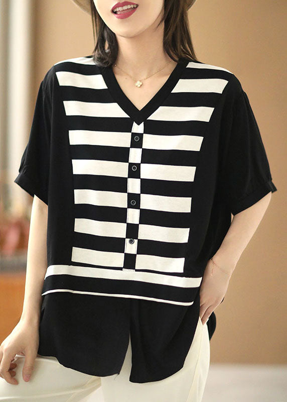 Elegant Black V Neck Patchwork Striped Silk Fake Two Piece Shirt Top Short Sleeve