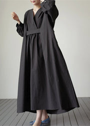 Elegant Black V Neck Pockets Cotton Dresses Long Sleeve