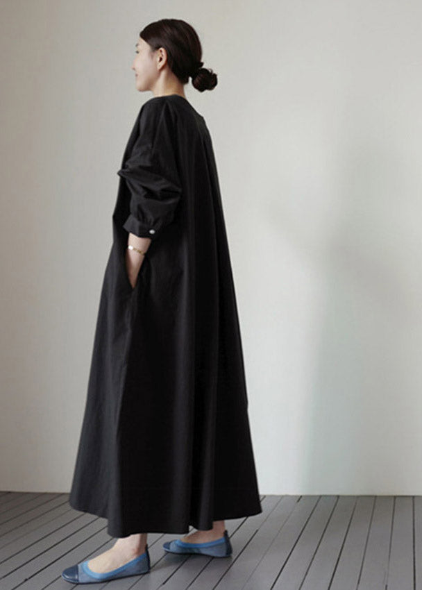 Elegante schwarze V-Ausschnitt Taschen Baumwollkleider mit langen Ärmeln