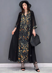 Elegant Black V Neck Print Silk Long Dress And Tulle Long Cardigan Two Pieces Set Summer