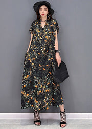 Elegant Black V Neck Print Silk Long Dress And Tulle Long Cardigan Two Pieces Set Summer