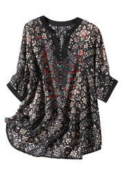 Elegant Black V Neck Print Silk Shirt For Women Short Sleeve
