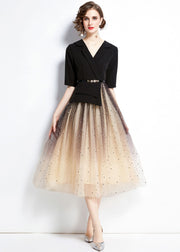 Elegant Black V Neck Sequins Tulle Patchwork Spandex Dresses Summer