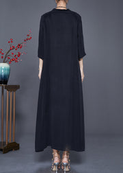 Elegant Black V Neck Side Open Silk Dresses Bracelet Sleeve