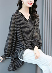 Elegant Black V Neck Striped Side Open Low High Design Chiffon Shirts Long Sleeve