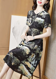 Elegant Black V Neck 2024 Print Silk Cinch Dress Short Sleeve