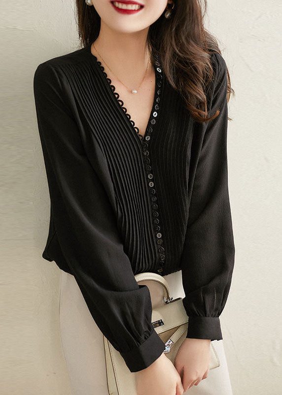 Elegant Black V Neck Wrinkled Button Silk Shirts Long Sleeve