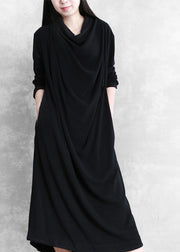 Elegant Black Velour Blended Cozy Draping Long Dresses Spring