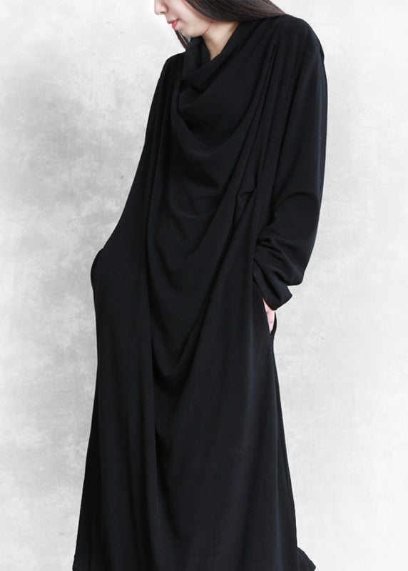 Elegant Black Velour Blended Cozy Draping Long Dresses Spring