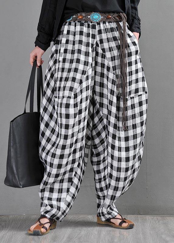Elegant Black White Plaid Cotton Linen Harem Pants Summer - SooLinen