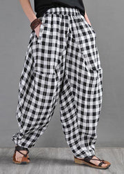 Elegant Black White Plaid Cotton Linen Harem Pants Summer - SooLinen