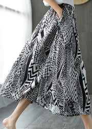Elegant Black White Print Patchwork Pockets Elastic Waist Linen Skirt Summer