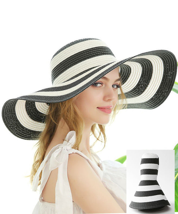 Elegant Black White Striped Straw Woven Holiday Floppy Sun Hat
