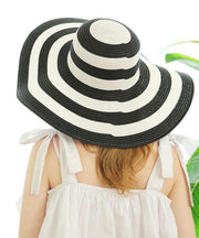 Elegant Black White Striped Straw Woven Holiday Floppy Sun Hat