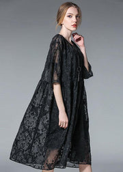 Elegant Black Wrinkled Hollow Out Summer Dress - SooLinen