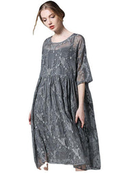 Elegant Black Wrinkled Hollow Out Summer Dress - SooLinen