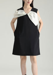 Elegant Black Wrinkled Patchwork Cotton Mid Dress Sleeveless