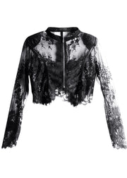Elegant Black Zippered Tulle Summer Shirt Tops Long Sleeve