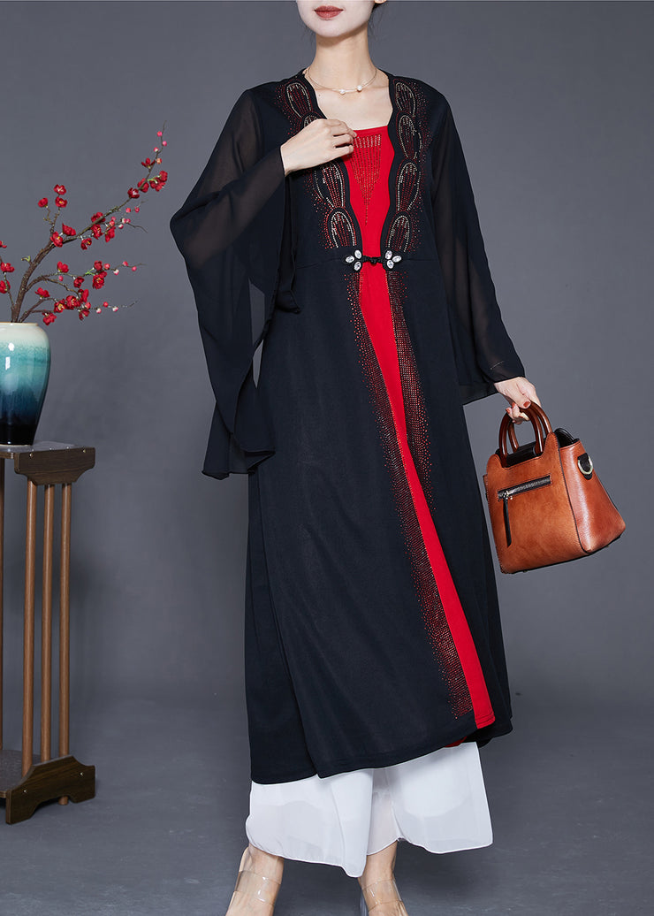Elegant Black Zircon Patchwork Chiffon Fake Two Piece Dress Cloak Sleeves