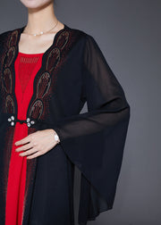 Elegant Black Zircon Patchwork Chiffon Fake Two Piece Dress Cloak Sleeves