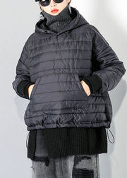 Eleganter schwarzer Kordelzug mit Kapuze Taschen feine Baumwolle gefüllte Oberteile Winter