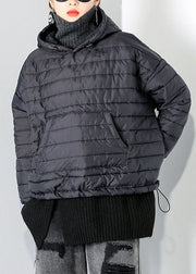 Elegant Black drawstring Hooded Pockets Fine Cotton Filled tops Winter