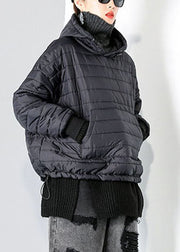 Elegant Black drawstring Hooded Pockets Fine Cotton Filled tops Winter