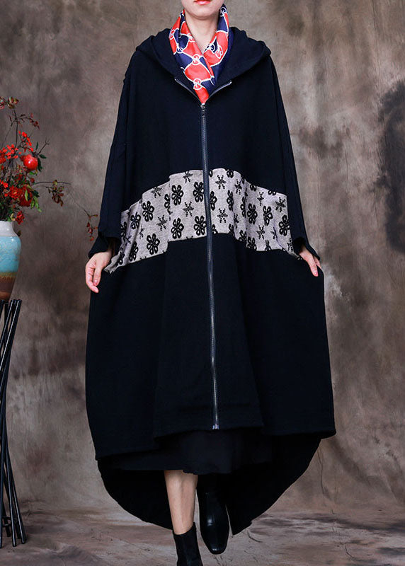 Elegant Black hooded Cloak Sleeves asymmetrical design Winter Coat