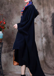 Eleganter schwarzer Kapuzenumhang mit asymmetrischem Design Wintermantel