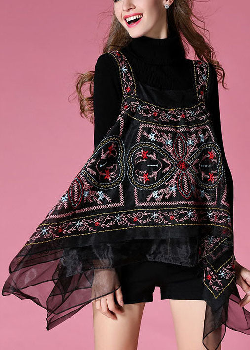 Elegant Black knit sweaters + Embroidered Print Fall Two Pieces Set