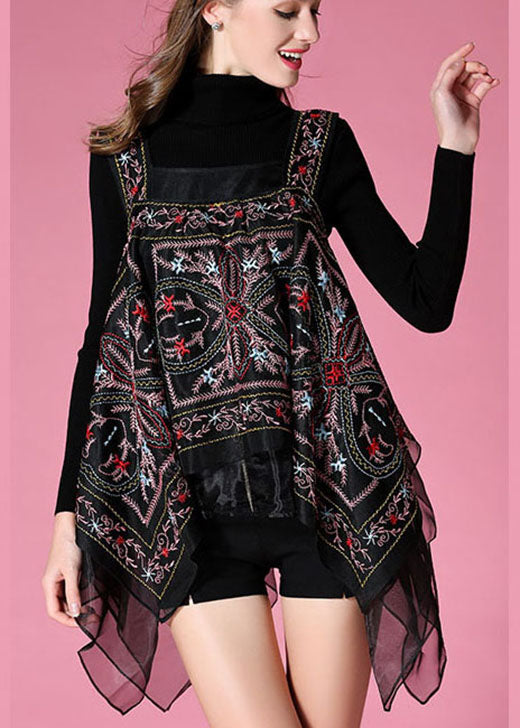 Elegant Black knit sweaters + Embroidered Print Fall Two Pieces Set