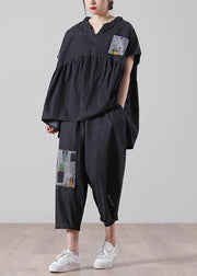 Elegant Black patchwork Pockets Cotton Two Pieces Set Summer - SooLinen